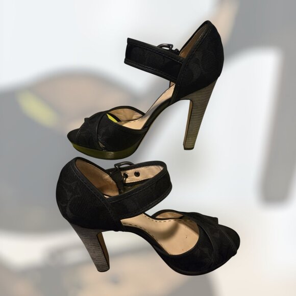 COACH Black Signature C Ankle Strap Platform Heels sz 10 - Picture 3 of 7